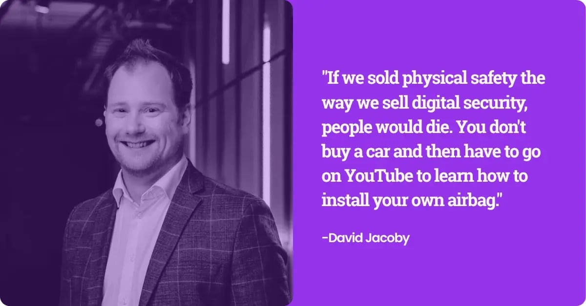 A headshot of a man in a blazer on the left with a quote on the right