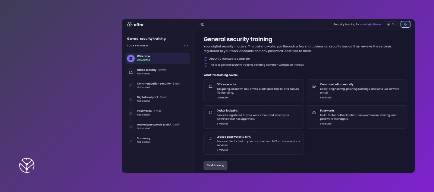 Aftra security training screenshot over purple gradient