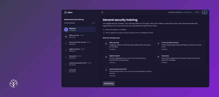 Screenshot of Aftra Security Training over purple gradient