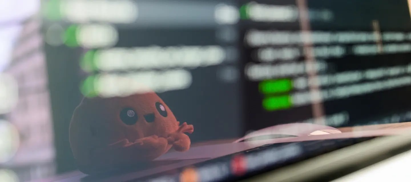 Close up of a laptop with code on it and a toy in the reflection