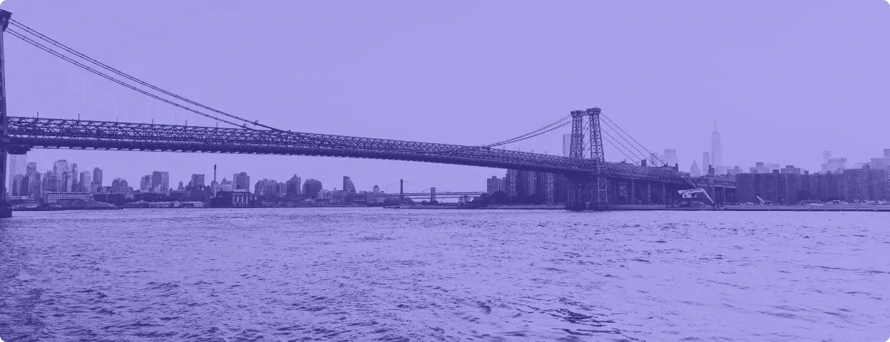 Photograph of city skyline with a bridge and water