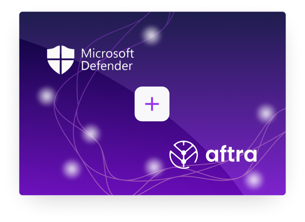 Purple image with Microsoft defender and aftra logos and abstract illustrations symbolizing an ecosystem