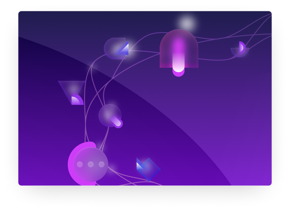 Purple image with abstract icons symbolizing an ecosystem